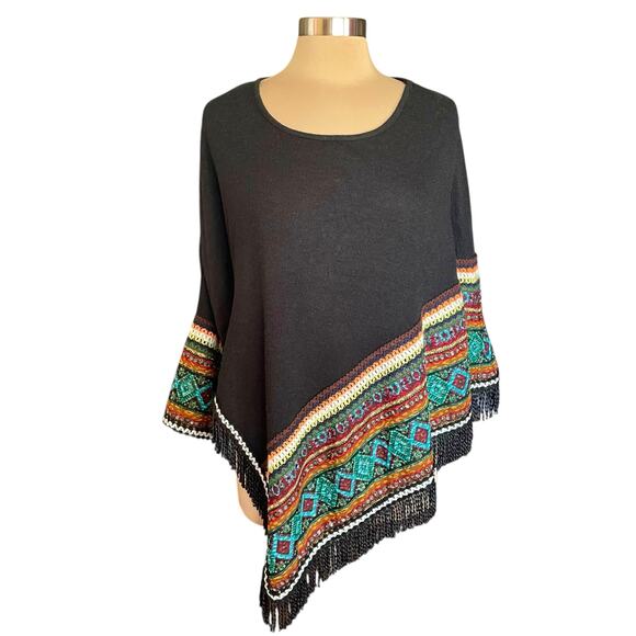 Adore Artsy Lagenlook Poncho Asymmetric One Sleeve Sz Large Fringed Tribal Boho - Picture 1 of 9